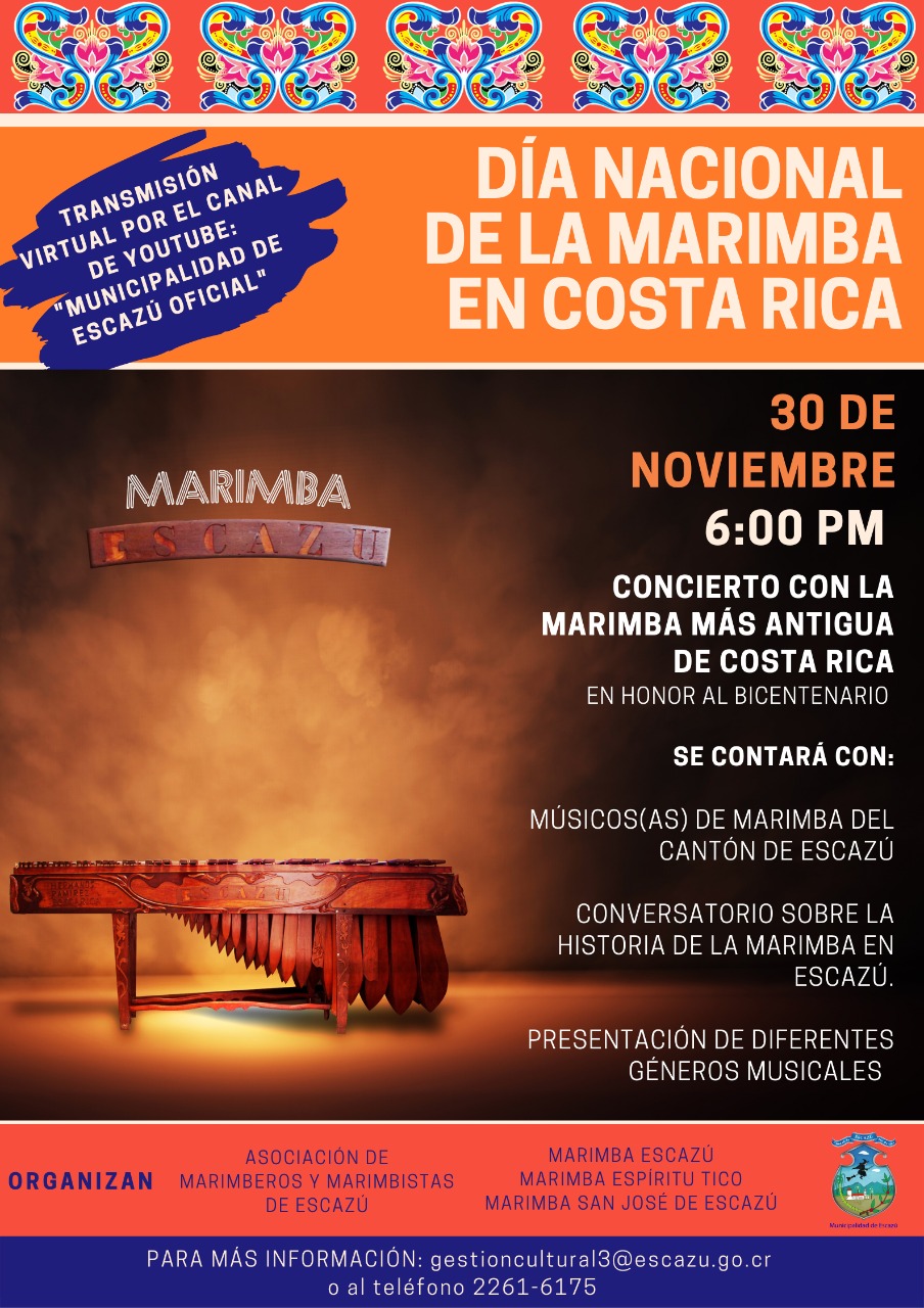 Afiche del Día Nacional de la Marimba con la Marimba Escazú